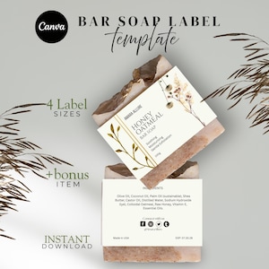 Op de afbeelding: Een sjabloon voor zeepetiketten met de tekst "Honey Oatmeal Bar Soap" en "4 Label Sizes". De zeep heeft een crème-kleurig etiket met botanische illustraties. De sjabloon bevat een bonusartikel en is een direct download.
