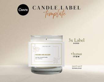 May include: A candle label template with the text "CANDLE LABEL template" and "3x Label Sizes + bonus ITEM INSTANT DOWNLOAD". The candle is in a glass jar with a white label that reads "CINNAMON BUN DELIGHT Soy Wax Scented Candle 8 oz / 40-50 hours".