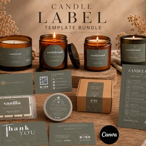 May include: A candle label template bundle featuring olive green labels on amber glass jars, a wax melt container, a brown cardboard box, and printed cards. The text includes Candle Label Template Bundle, Sandalwood, Vanilla, and Candle Care instructions.