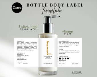 May include: A bottle body label template with the word "Canva" in a black circle. The label includes text for ingredients, recommended use, and a moisturizing body lotion. The bottle is clear with a silver pump.