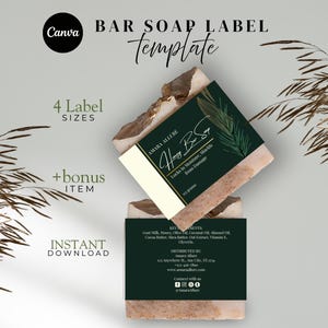 May include: A digital bar soap label template featuring dark green rectangular labels with white text. The labels display the brand name Amara Allure, Honey Bar Soap, ingredient lists, and contact information, presented on two stacked soap bars.