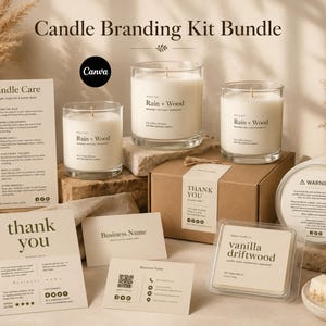 May include: A candle branding kit bundle featuring three glass candles labeled Rain + Wood, a brown cardboard box, a candle care card, thank you cards, business cards, and a plastic container of vanilla driftwood wax melts with white wax cubes.