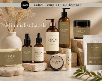 May include: A collection of minimalist skincare product labels with the text "GLOW MUSE" on various brown glass bottles, jars, and a bar of soap. The labels are in a neutral color palette, with the words "Skin Essentials" also visible. The image includes the text "Minimalist Labels".
