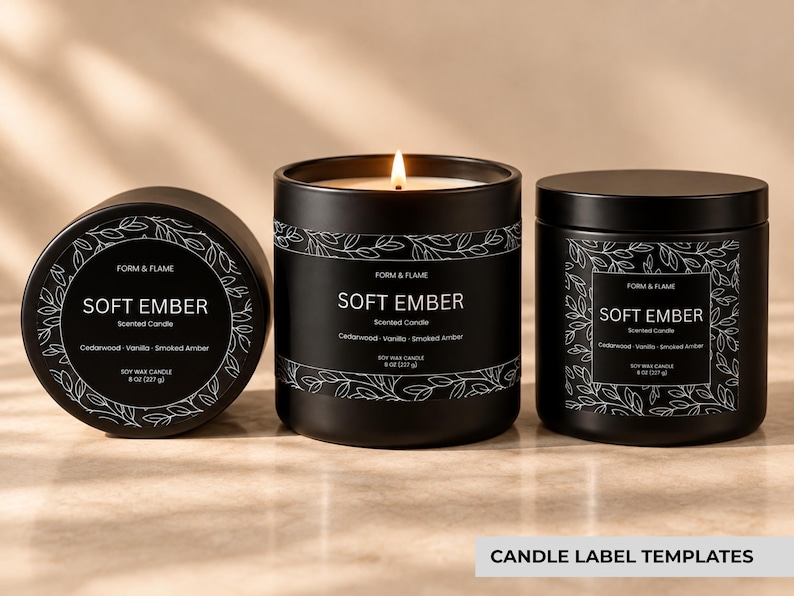 Candle Wrapper Label Candle Branding Kit Canva Template Bundle Black Botanical Floral Candle ...