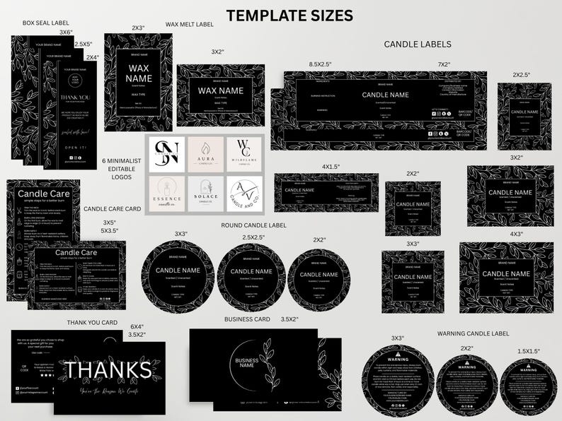 Candle Wrapper Label Candle Branding Kit Canva Template Bundle Black Botanical Floral Candle ...