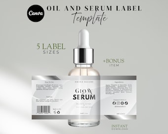 Serum Label Template | Oil Bottle Labels | Editable Canva Skincare Packaging Designs | Printable Cosmetic Labels | Grey