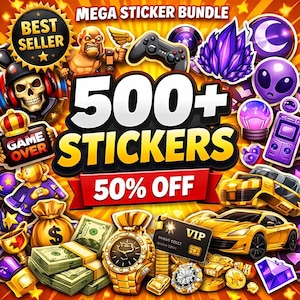 Op de afbeelding: Een levendige afbeelding die een mega stickerbundel promoot. De afbeelding toont verschillende stickerontwerpen, waaronder een schedel, een gamecontroller en een paars kristal. De tekst luidt "500+ Stickers" en "50% korting". Een "Best Seller" badge is ook aanwezig.