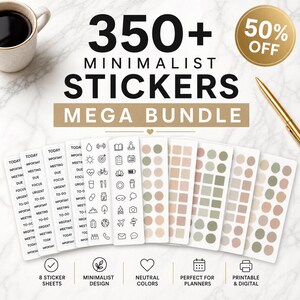 Puede incluir: Un conjunto de pegatinas minimalistas en colores neutros, perfectas para planificadores. La imagen muestra ocho hojas de pegatinas con varias formas e iconos. El texto dice "350+ Minimalist Stickers Mega Bundle" con una promoción del 50%.