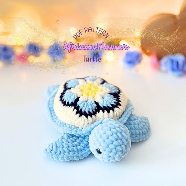 African Flower Sea Turtle Crochet Pattern Amigurumi Motif Animal Scrap Buster DIY Plushie Geometric Ocean Decor PDF Tutorial
