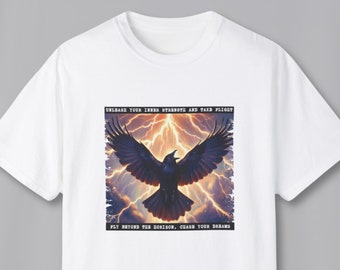 Crow shirt, Unisex Garment-Dyed T-shirt, Text: unleash your inner strength and take flight. fly beyond the horizon, chase your dreams