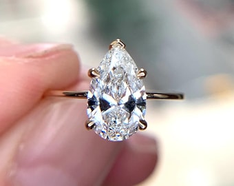Unique Setting Pear Cut Lab Diamond Engagement Ring | 2 CT Colorless Wedding Ring | Half Bezel Anniversary Ring for Her
