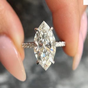 3.00 Ct Marquise Cut Lab Diamond Engagement Ring • VS1 Clarity • Hidden Halo with Round Side Stones • 18K White Gold • Moissanite Option