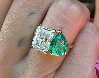 4 CT Emerald & Pear Cut Lab Diamond Ring • Two Stone Engagement Ring • Wedding Ring • Promise Ring for Her • Anniversary Gift