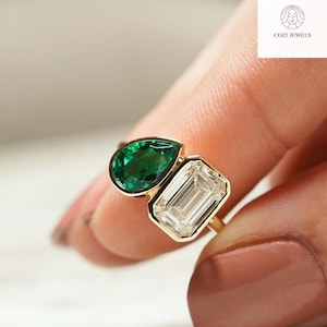 Toi Et Moi Pear & Emerald Cut Moissanite Engagement Ring | Two Tone Ring | Pear Cut and Emerald Cut Moissanite Ring | Unique Engagement Ring