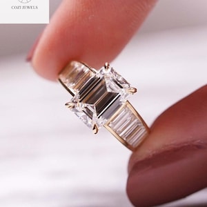 2.50 Ct Emerald Cut Moissanite Engagement Ring | Baguette Channel Set Band | 14K Yellow Gold Comfort Fit Diamond Ring