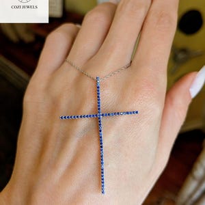 XXL Cross Necklace with Sapphire | Bold Statement Jewelry | Large Pendant Cross Necklace for Men & Women