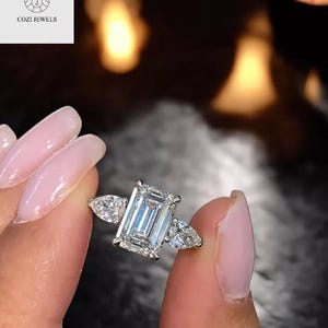 2.0 Ct E/VS1 Lab Diamond Engagement Ring, Emerald Cut Diamond Three Stone Set Ring, 14k White Gold Ring, Pear Side Stone