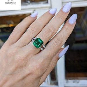 Classic Emerald Engagement Ring | 14K Sterling Silver Wedding Band | White Gold Plated Anniversary Ring