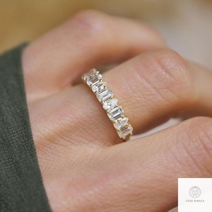 Vintage Moissanite Emerald & Pear Wedding Band - Yellow Gold Cluster Half Eternity Ring - Art Deco Stacking Promise or Anniversary