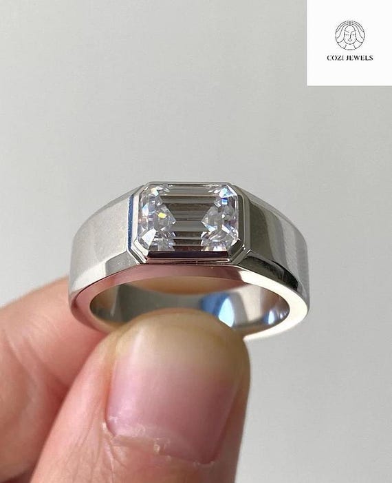 Emerald Cut Lab Diamond Men's Ring CT Bezel Set Solitaire Engagement  Ring Statement Ring for Him Anniversary Ring size: 10 1/2 US