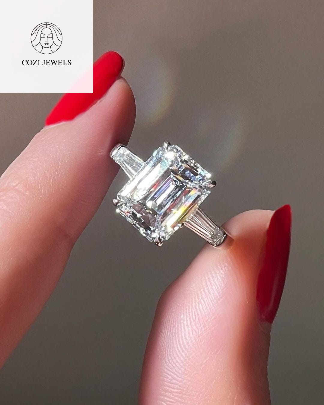 Emerald Cut Three Stone Ring | 2.00 CT Colorless Moissanite Engagement Ring | Side Tapered Baguette Cut Proposal & Anniversary Gift