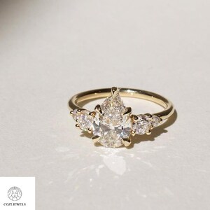 Vintage 2.00 TC Pear Cut Moissanite Ring – 14k Solid Yellow Gold, Solitaire with Round Cut Accents, 5 Claw Prongs, Lab Diamond Trendy Ring