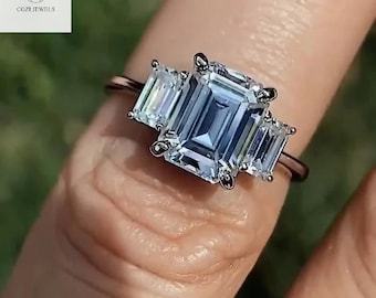 Three Stone Emerald Cut Ring 2 CT Emerald Cut Moissanite Engagement Ring 14K Gold Ring Anniversary Ring Solitaire Ring Promise Ring Gifts