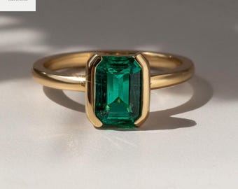2.00 CT Colombian Emerald Cut Solitaire Bezel Set Ring | Dark Vivid Green AAA Minor Oil Emerald | 14K Gold Engagement Ring