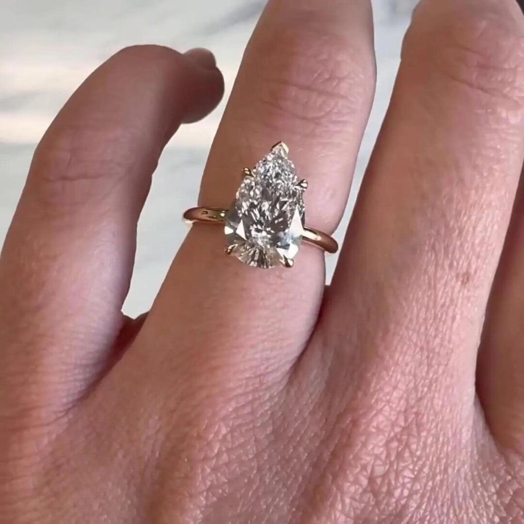 3 CT Pear Shape Lab Grown Diamond Engagement Ring, 5 Prong Solitaire ...