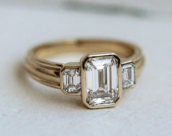 1.90CT Emerald Cut Lab Diamond Three Stone Bezel Setting Engagement Solitaire With Accent 14k Solid Yellow Gold Ring For Women