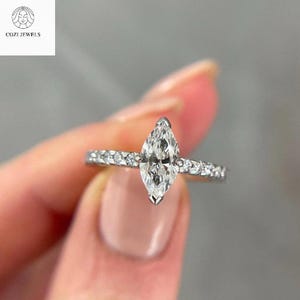 1.5 Carat Marquise Lab Diamond Engagement Ring with Accent Stones - 14K Solid White Gold Wedding or Anniversary Ring