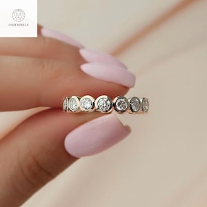 Bezel Set Moissanite Diamond Wedding Band | 14K Gold Eternity Bridal Matching Band | Dainty Stackable Anniversary Ring Gift for Wife