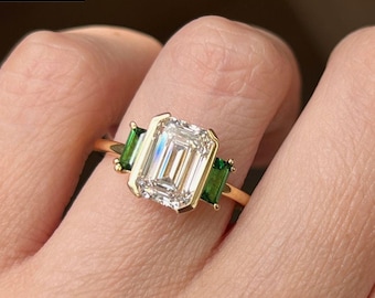 Unique Emerald Cut Emerald & Moissanite 3 Stone Engagement Ring | 14K Gold Bezel Set Elongated Emerald Cut Wedding Ring