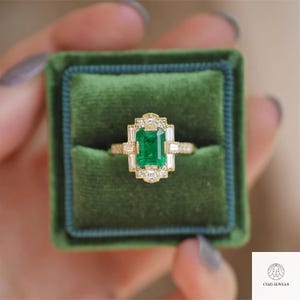 Green Emerald & Lab Diamond Art Deco Bridal Ring - 14K Gold Octagon Halo Wedding Ring - Vintage-Inspired Proposal Ring