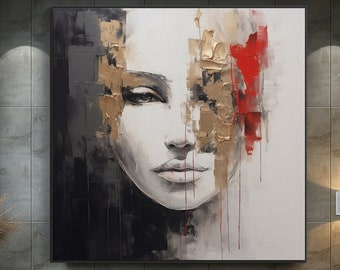 Femme abstraite, peinture à l'huile sur or sur toile, 100 % art acrylique texturé fabriqué à la main, décoration murale chic pour bureau à domicile, cadeau artistique, cadeau élégant