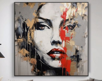 Femme abstraite, peinture à l'huile sur or sur toile, 100 % art acrylique texturé fabriqué à la main, décoration murale chic pour bureau à domicile, cadeau artistique, cadeau élégant