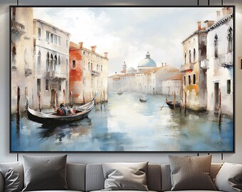 Peinture à l'huile abstraite sur toile 100% Venise, scène de rue vibrante, oeuvre d'art texturée artisanale pour décoration murale de bureau ou cadeau de pendaison de crémaillère