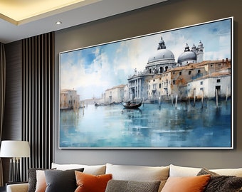 Peinture à l'huile abstraite sur toile 100% Venise, scène de rue vibrante, oeuvre d'art texturée artisanale pour décoration murale de bureau ou cadeau de pendaison de crémaillère