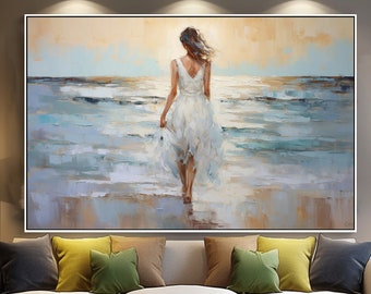 100%Abstract Of Woman in Ocean Oil Painting ,Handcrefted Textured Acrylic Oil Art,Serene Sea Waves Blue Wall Decor ,Uniqie Housewarming Gift