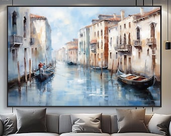 Peinture à l'huile abstraite sur toile 100% Venise, scène de rue vibrante, oeuvre d'art texturée artisanale pour décoration murale de bureau ou cadeau de pendaison de crémaillère