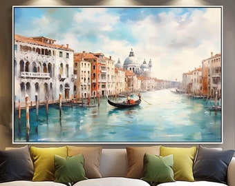 Peinture à l'huile abstraite sur toile 100% Venise, scène de rue vibrante, oeuvre d'art texturée artisanale pour décoration murale de bureau ou cadeau de pendaison de crémaillère