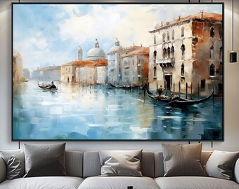 Peinture à l'huile abstraite sur toile 100% Venise, scène de rue vibrante, oeuvre d'art texturée artisanale pour décoration murale de bureau ou cadeau de pendaison de crémaillère