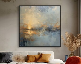 100% Handmade Painting,Stunning Ocean View With Gold Accents, Acrylic Abstract Oil Painting,Wall Decor Living Room,Great Gift For Art Lovers
