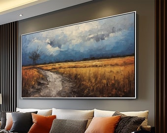 Peinture abstraite faite main à l'huile et acrylique paysage avec roseaux jaunis, art mural paysage de rivière pour les amoureux de la nature, cadeau de pendaison de crémaillère parfait