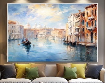 Peinture à l'huile abstraite sur toile 100% Venise, scène de rue vibrante, oeuvre d'art texturée artisanale pour décoration murale de bureau ou cadeau de pendaison de crémaillère