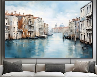 Peinture à l'huile abstraite sur toile 100% Venise, scène de rue vibrante, oeuvre d'art texturée artisanale pour décoration murale de bureau ou cadeau de pendaison de crémaillère