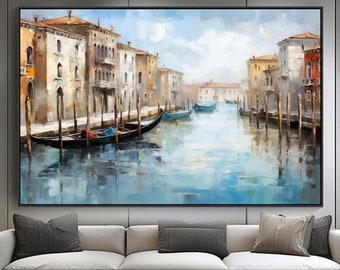 Peinture à l'huile abstraite sur toile 100% Venise, scène de rue vibrante, oeuvre d'art texturée artisanale pour décoration murale de bureau ou cadeau de pendaison de crémaillère