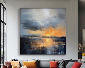 100% Handmade Painting,Stunning Ocean View With Gold Accents, Acrylic Abstract Oil Painting,Wall Decor Living Room,Great Gift For Art Lovers