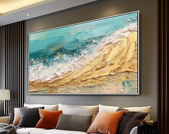 Peinture abstraite faite main, superbe vue sur la mer et la plage, 100 % original, art moderne sur toile acrylique, décoration murale salon, art mural bureau