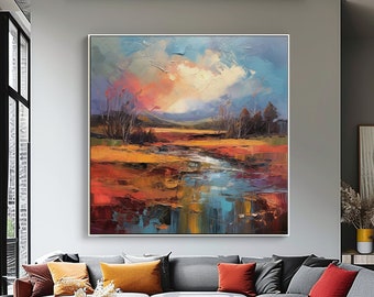 Peinture abstraite faite main à l'huile et acrylique paysage avec roseaux jaunis, art mural paysage de rivière pour les amoureux de la nature, cadeau de pendaison de crémaillère parfait